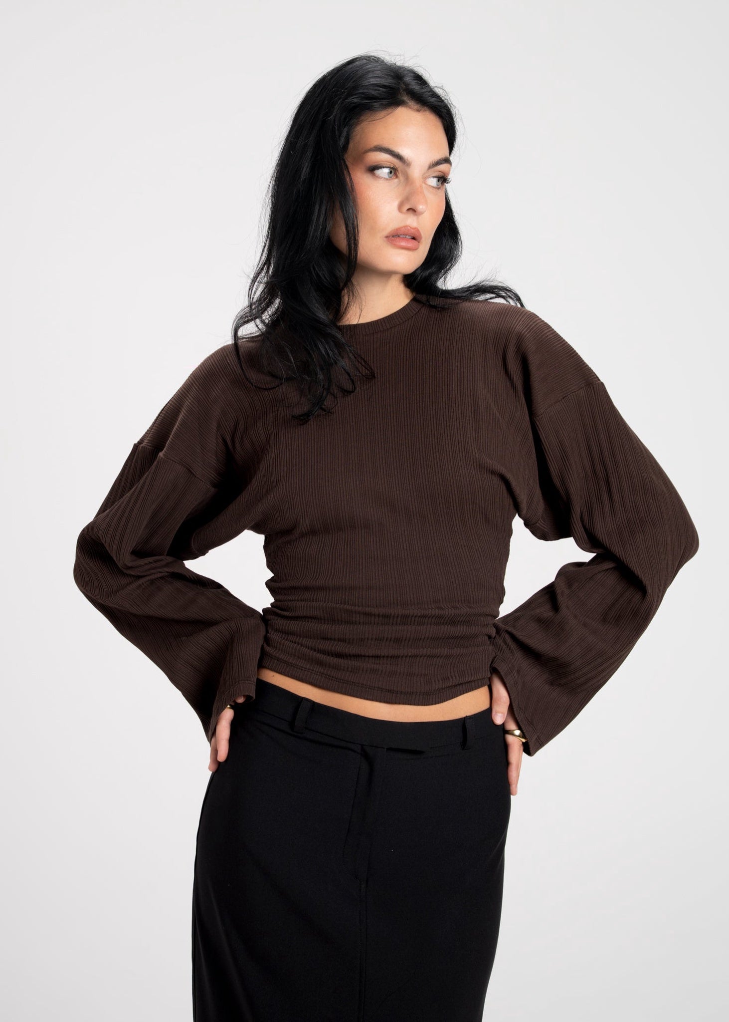 Espresso Fitted Long Sleeve Blouse