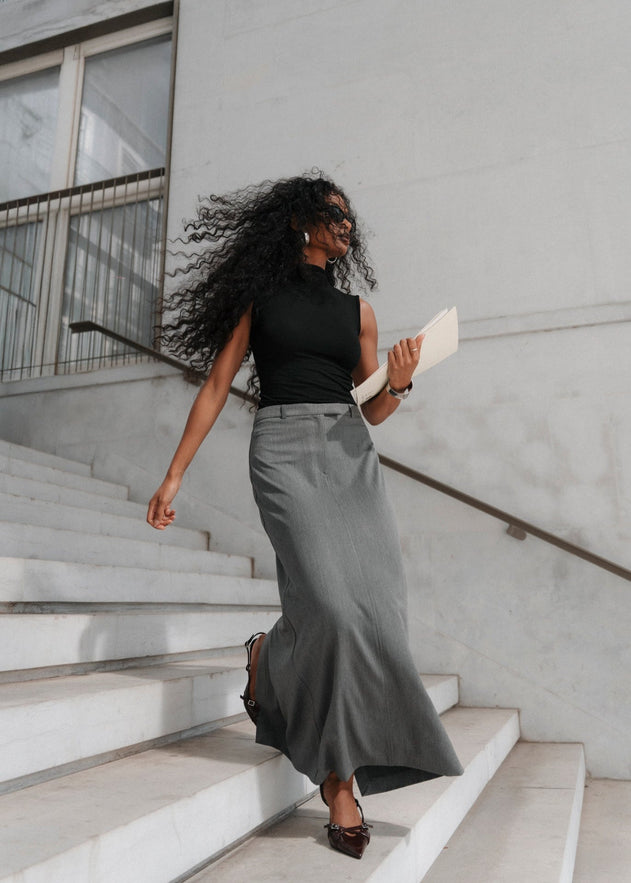 Keanu Tailored Mid-Waist Midi Skirt Grey