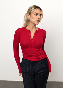 Reese Henley Long Sleeve Top Red