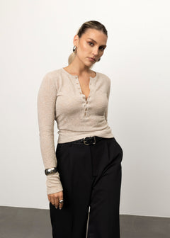 Reese Henley Long Sleeve Top Beige