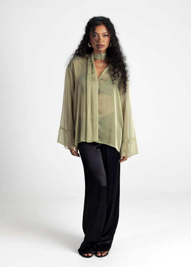 Haze Sheer Button-Up Blouse Green