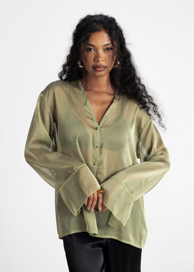 Haze Sheer Button-Up Blouse Green