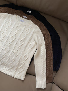 Cable-Knit Merino Wool Sweater Natural White