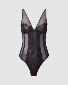 Mesh Lace Plunge Body Black