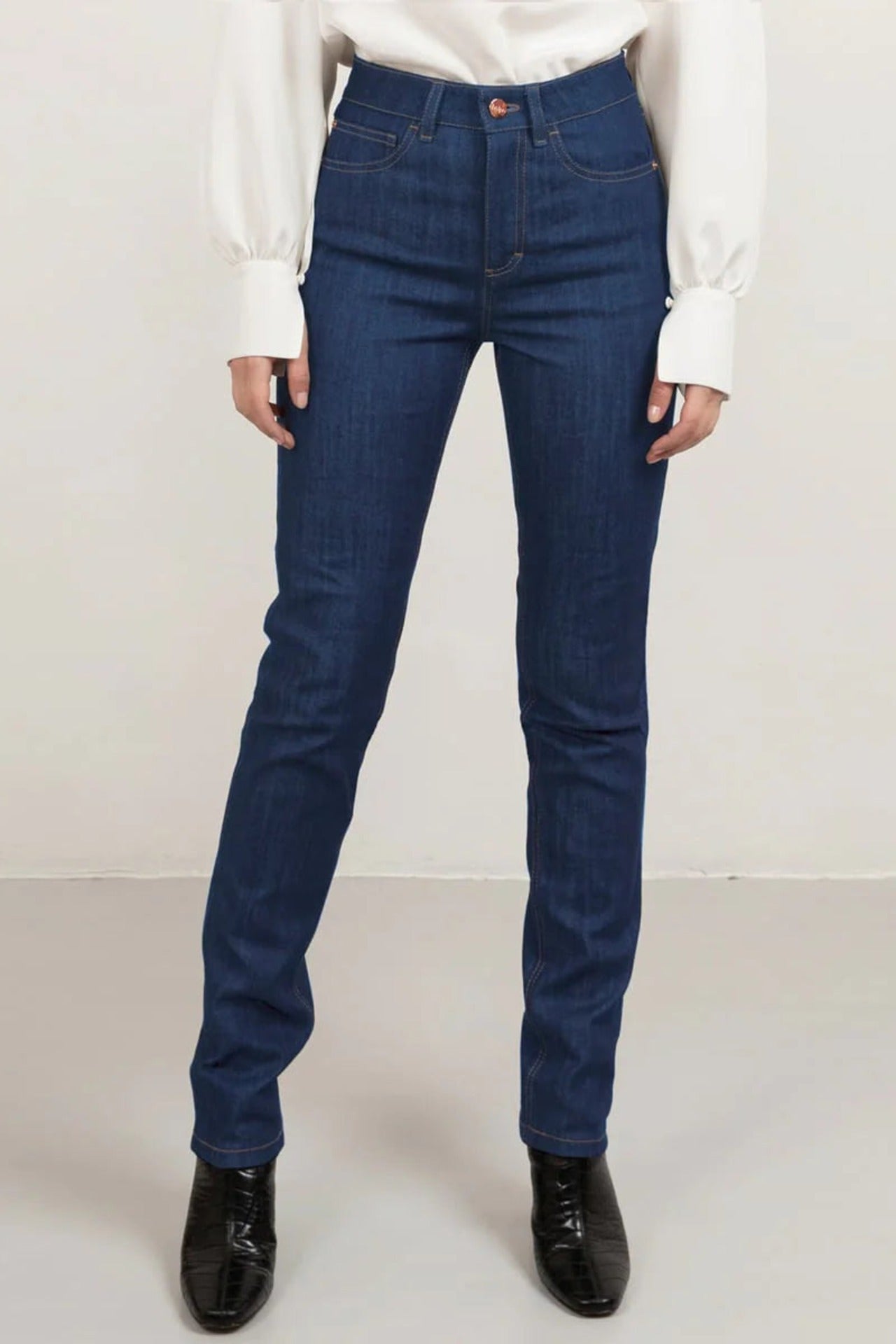Long Straight Leg Jeans Tobacco Stitch Mid Blue - Studio Heijne