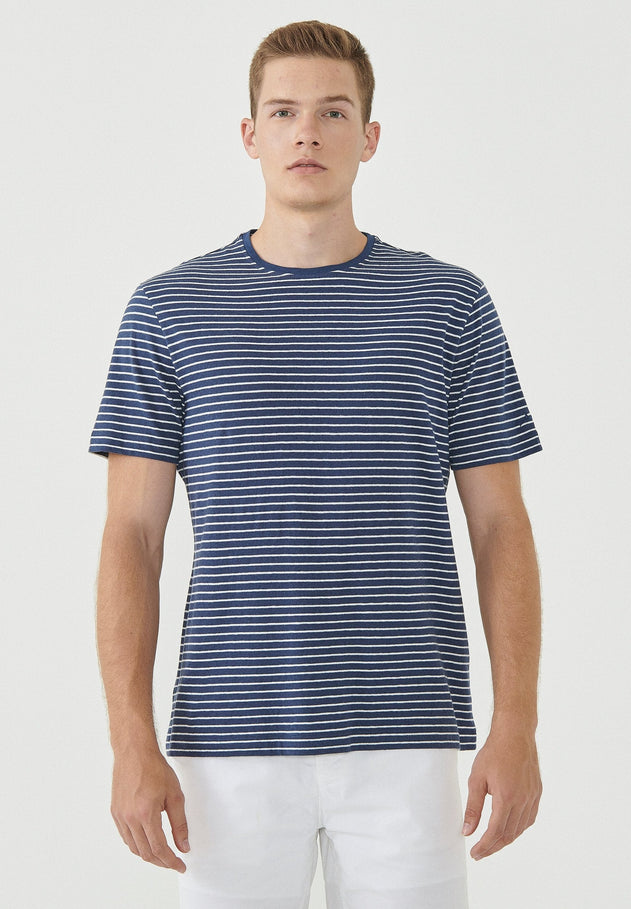 Men's Striped T-Shirt Organic Cotton Linen Blend Navy/Off-White