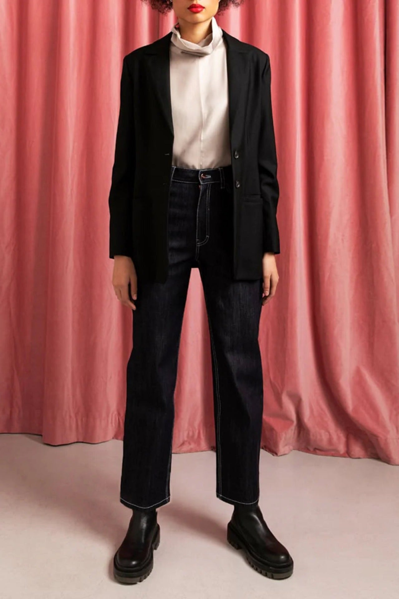 Wide Leg Jeans White Stitch Blue - Studio Heijne