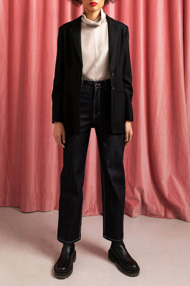 Wide Leg Jeans White Stitch Blue - Studio Heijne