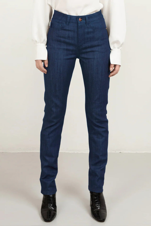 Long Straight Leg Jeans Matching Stitch Mid Blue - Studio Heijne