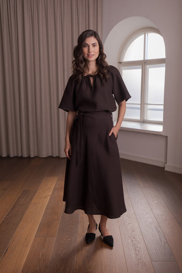 Liana Wide-hemmed Linen Skirt Dark Chocolate