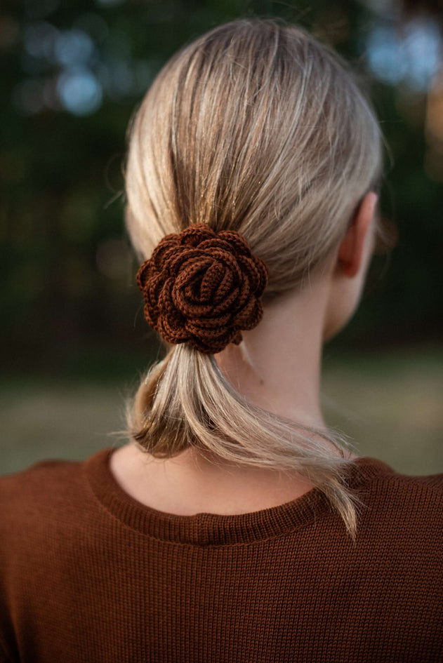 Hand-Crocheted Merino Wool Flower Scrunchie Chocolate Brown