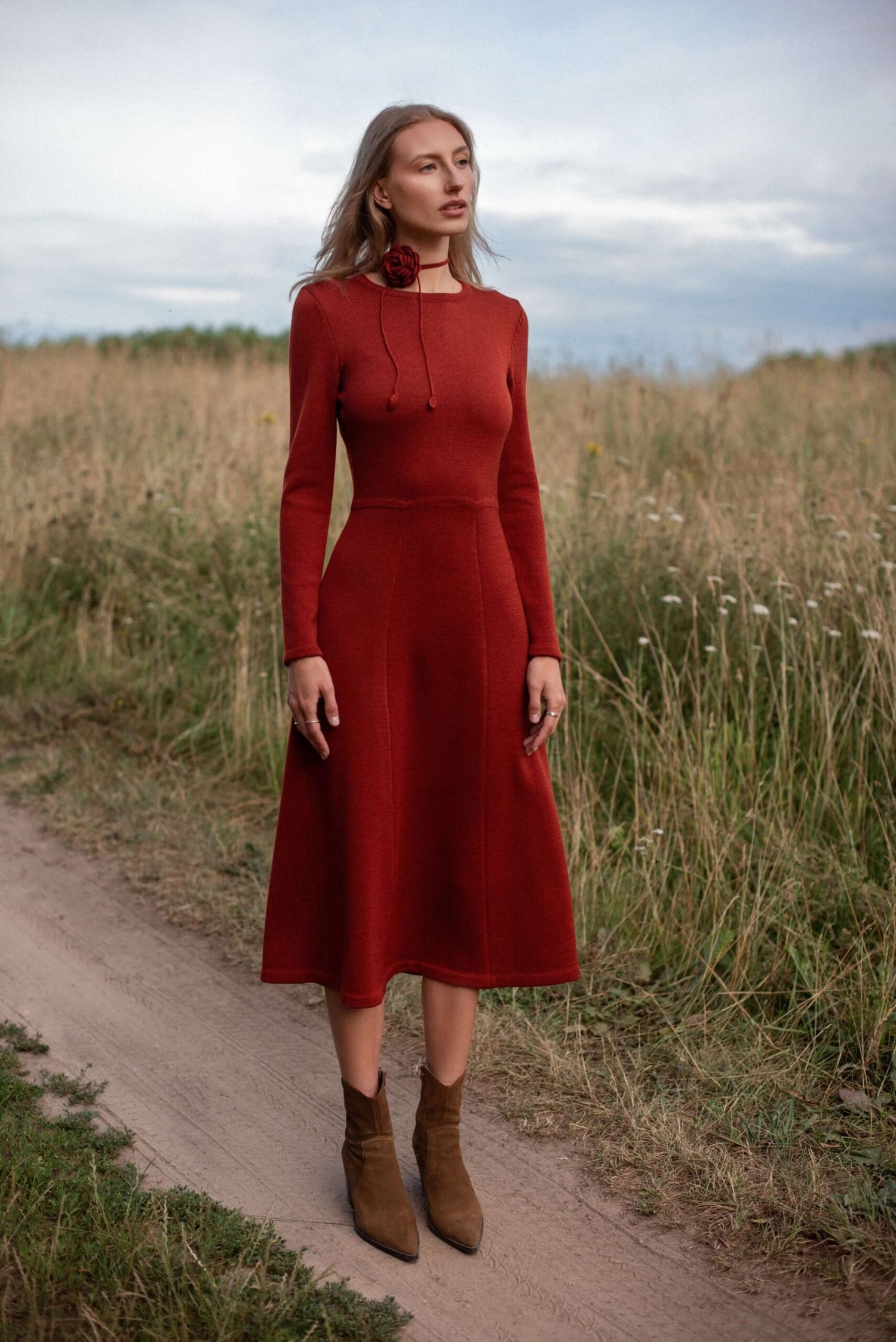 Knitted Merino Wool A-Line Midi Dress Rust