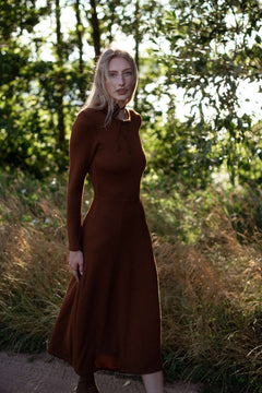 Knitted Merino Wool A-Line Midi Dress Chocolate Brown