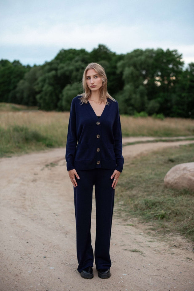 Knitted Merino Wool Pants & Cardigan Set Dark Blue