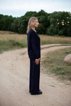 Knitted Merino Wool Pants & Cardigan Set Dark Blue