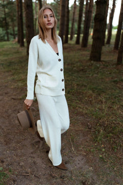 Knitted Merino Wool Pants & Cardigan Set Natural White