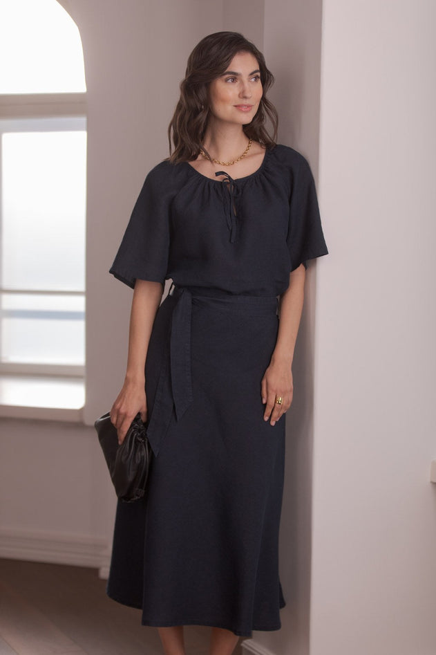 Lila Wide-sleeved Linen Shirt Dark Navy