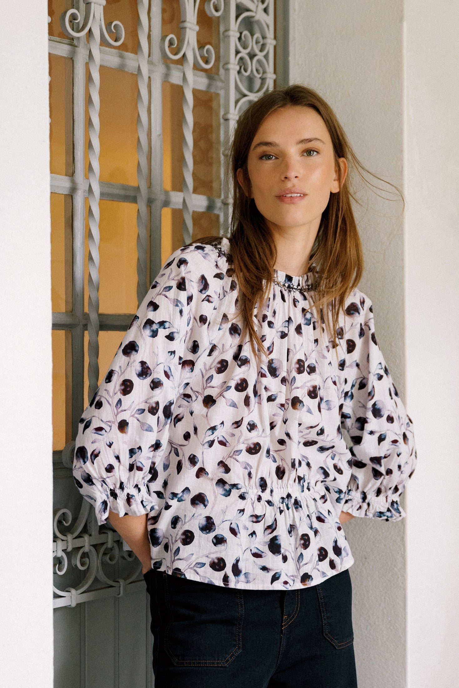 Elastic Cotton Blouse Blue