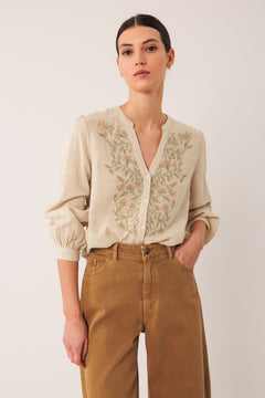 Combined Embroidered Shirt Beige
