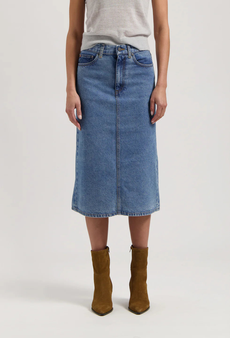 Gwen Denim Midi Skirt Stone Vintage