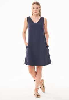 Sleeveless V-Neck Linen Blend Dress Navy