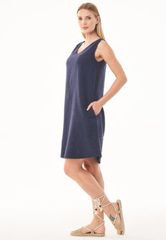 Sleeveless V-Neck Linen Blend Dress Navy