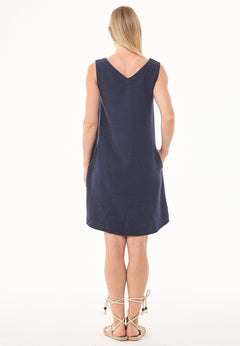 Sleeveless V-Neck Linen Blend Dress Navy