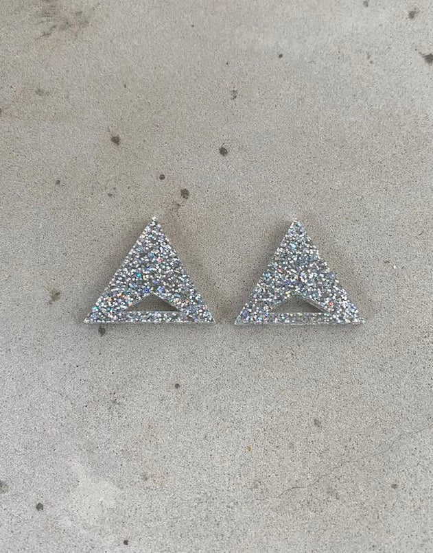 Triangle Earrings Silver Glitter