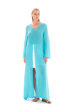 Embroidered Linen Gauze Kimono Turquoise