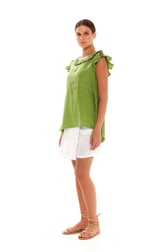 Linen Blouse with Butterfly Sleeve Green