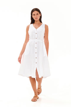 Sleeveless Button Front Linen Cami Dress White