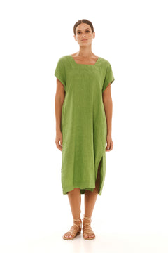 Smock Linen Dress with Split Hem Avocado