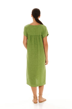 Smock Linen Dress with Split Hem Avocado