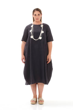 Midi Linen Dress with Tab Sleeve and Front Pockets