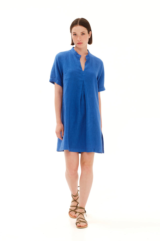 Mandarin Neck Linen Cami Dress with Flutter Sleeves Lapis Blue