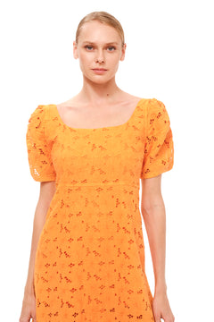 Eyelet Embroidery Scallop Trim Midi Linen Dress Orange