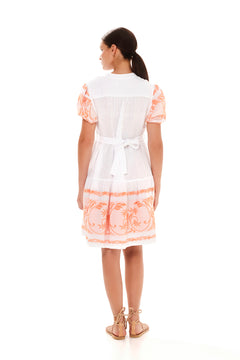 Half Button Belted Linen Dress with Embroidered Cotton Panel