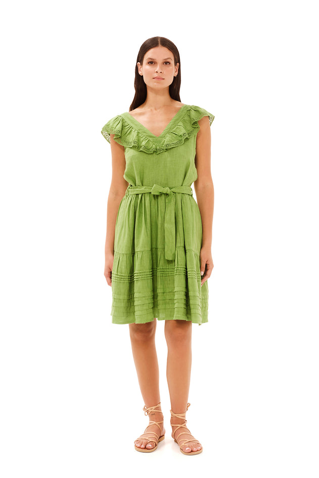 V-Neck Lace Insert Linen Dress Green