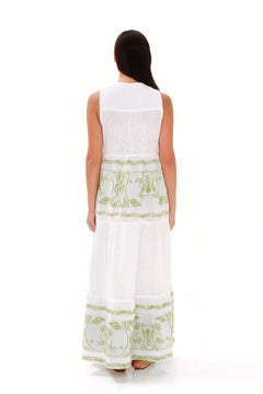 Smock Maxi Linen Dress with Embroidered Details White / Athena Green