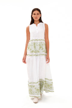 Smock Maxi Linen Dress with Embroidered Details White / Athena Green