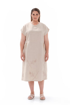 Embroidered Batwing Sleeve Linen Dress Beige