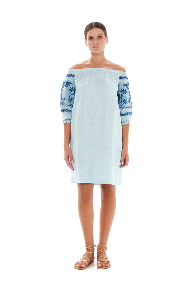 Embroidered Off Shoulder Linen Dress Ocean Air