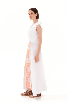 Embroidered Lace Insert Linen Maxi Dress White / Athena Orange