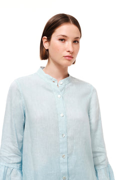 Mandarin Neck Linen Shirt with Ruffle Sleeves Ocean Air