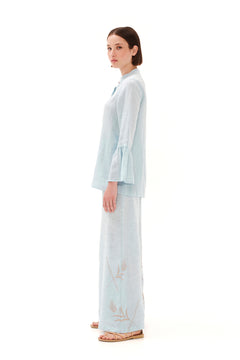 Mandarin Neck Linen Shirt with Ruffle Sleeves Ocean Air