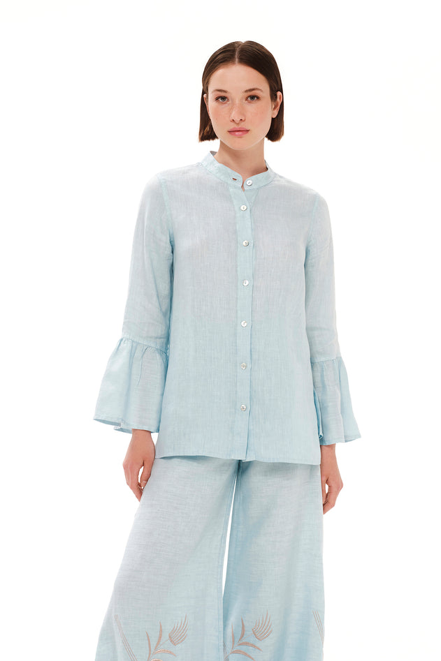 Mandarin Neck Linen Shirt with Ruffle Sleeves Ocean Air