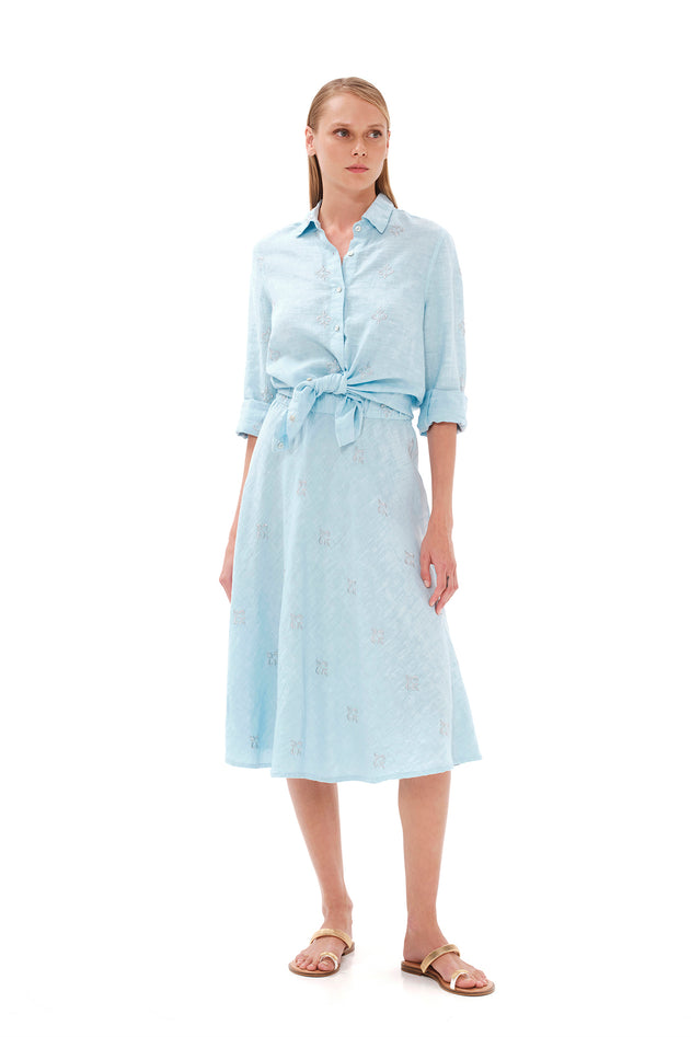 Embroidered Linen Skirt Light Blue