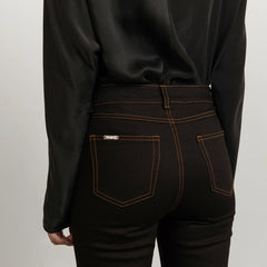 Flared Black Jeans With Tobacco Stitch Long