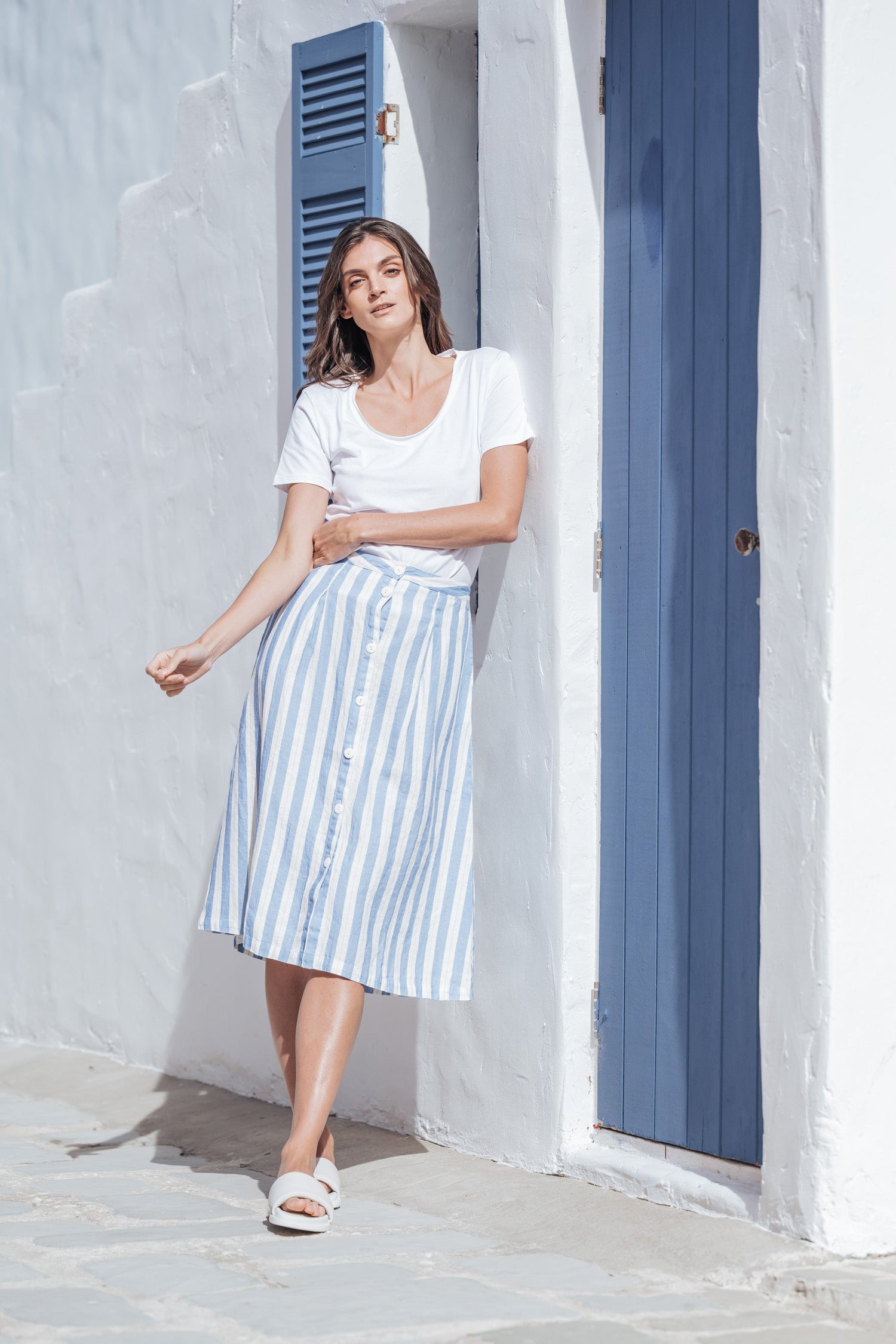 Linen Striped Midi Skirt