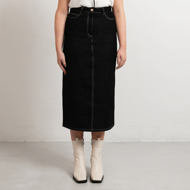 Black Midi Denim Skirt White Stitch